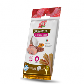 Дентални лакомства за здрава кожа и козина N&D Dog Dental Treat Skin and Coat Adult Medium and Maxi  за кучета от средни и едри породи с киноа, пъдпъдък, кокос и куркума 100 гр